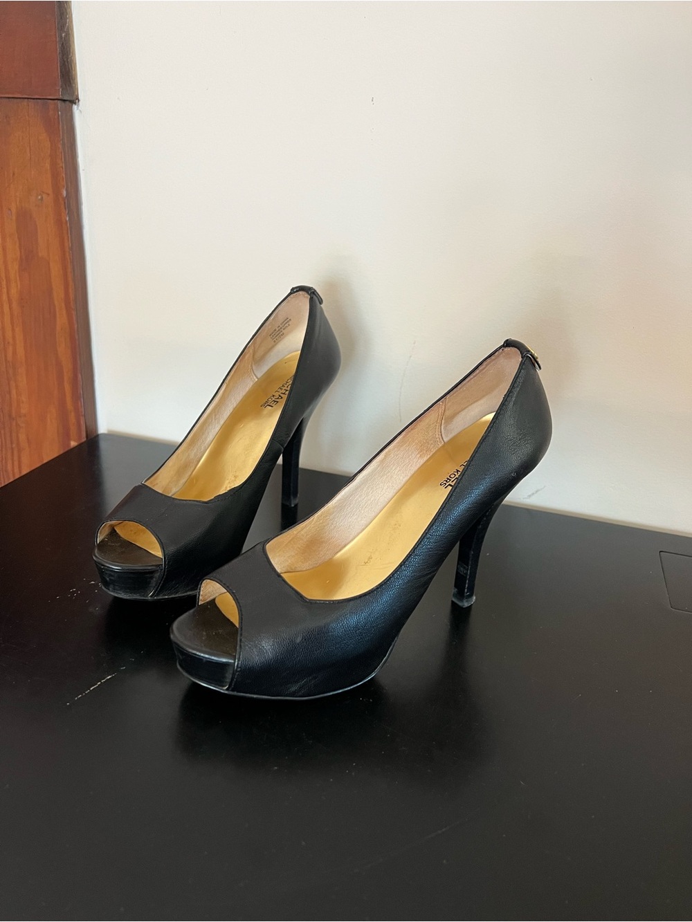 Michael Kors Black Leather Peep-Toe Stiletto Pumps, Size 8.5